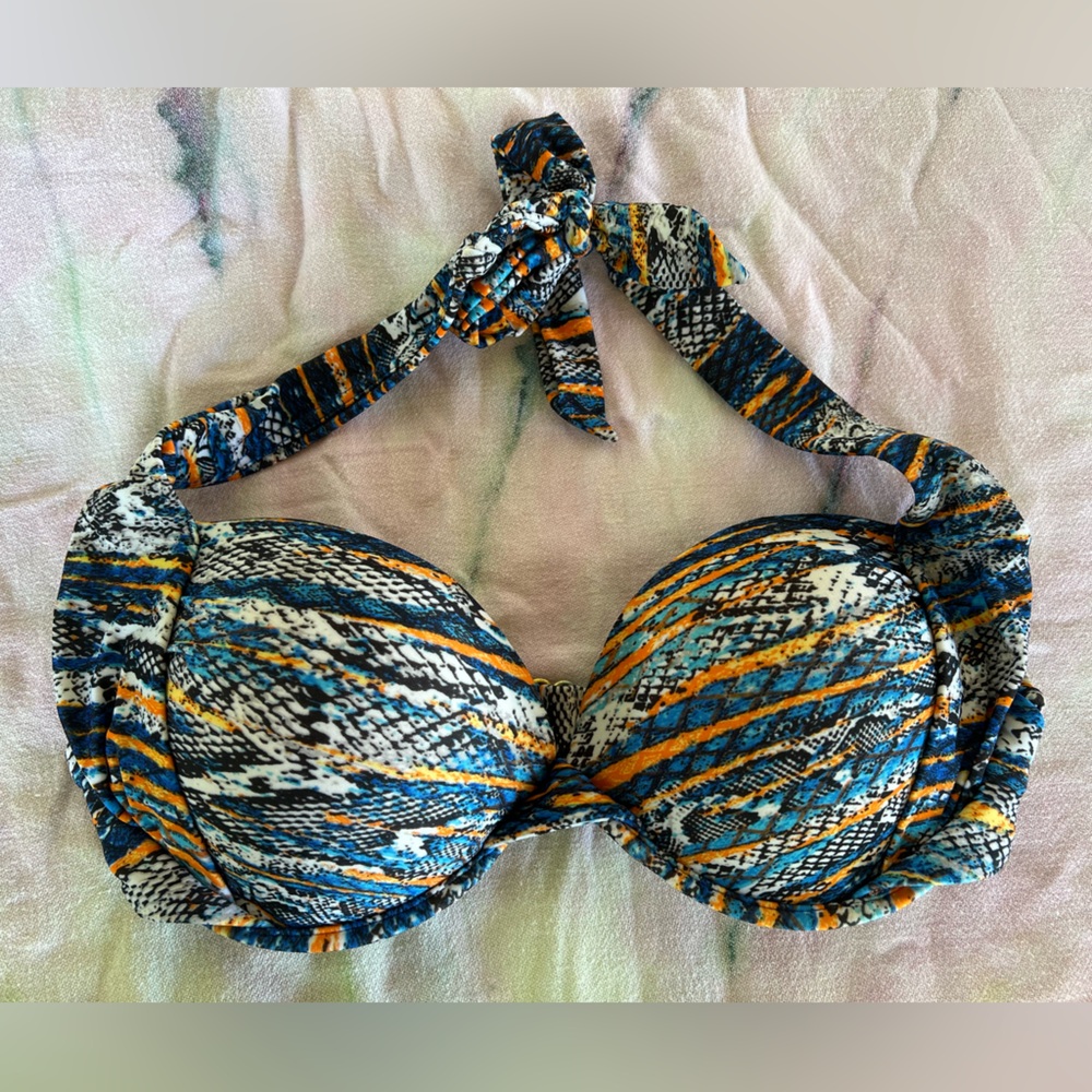 Swim Systems Blue and Orange Padded Push-Up Halter Bikini Top Size Medium M